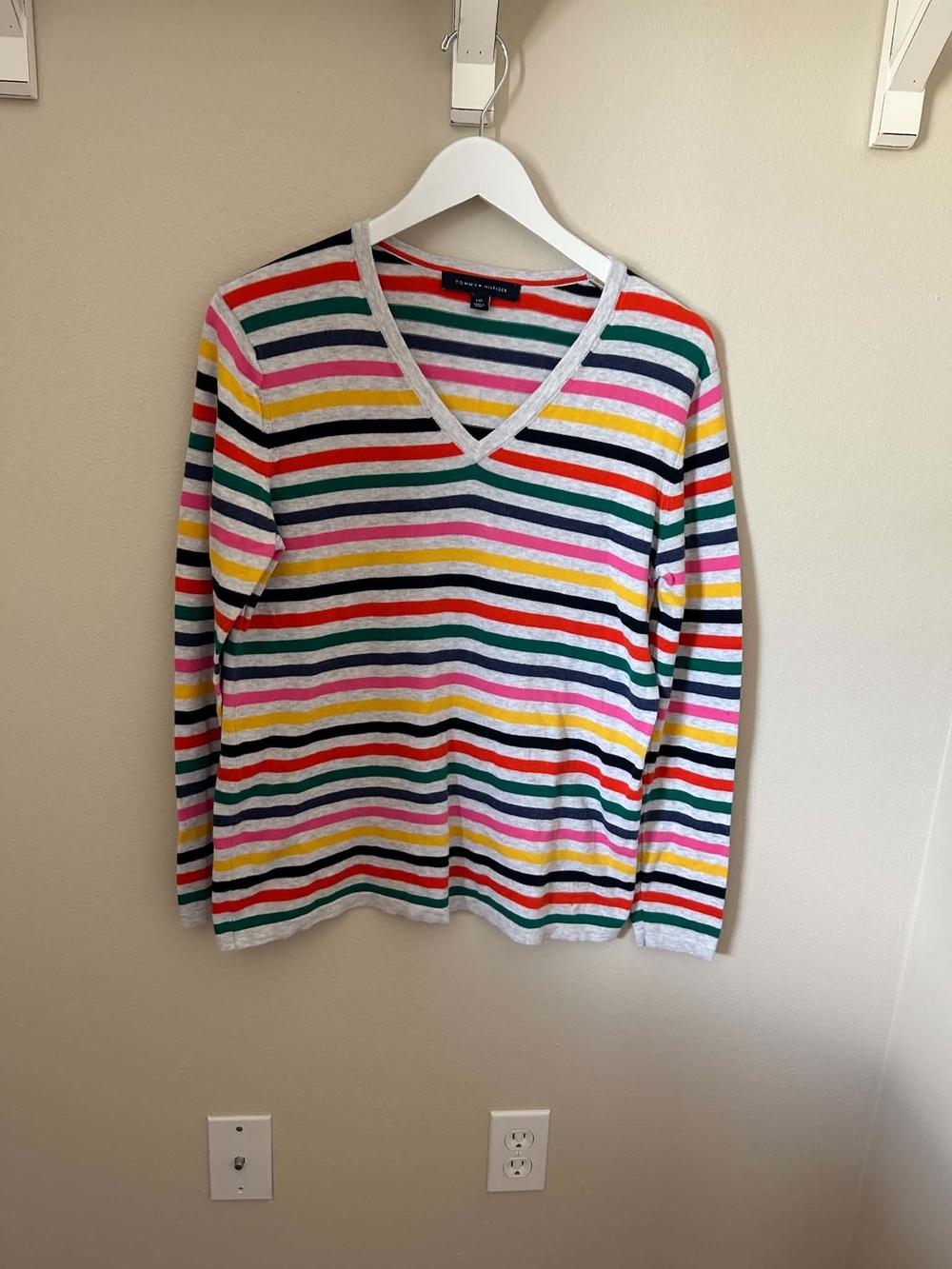 Tommy Hilfiger Striped V-Neck Sweater in White with Multi-Color Stripes